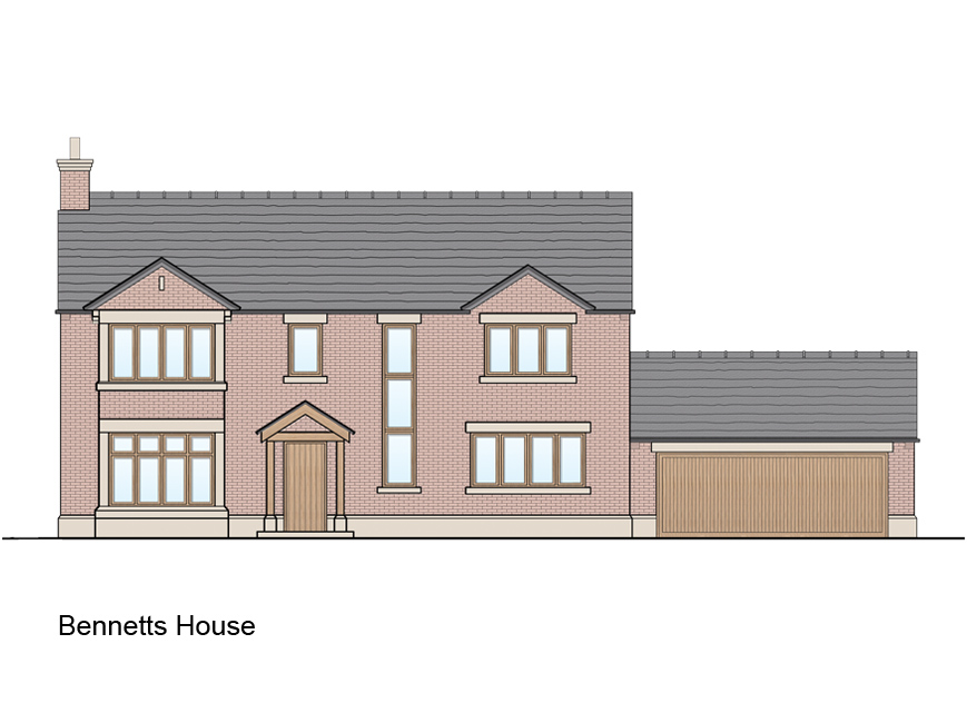 Bennetts House Kiln Hall Farm Coloured elevation of Bennetts House with enclosed front porch and attached garage