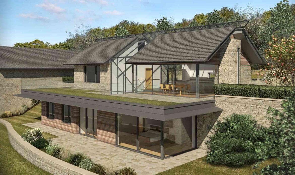 CGI of proposed stone replacement dwelling with large glazed areas, walk-on roof terrace and timber cladding to lower ground floor