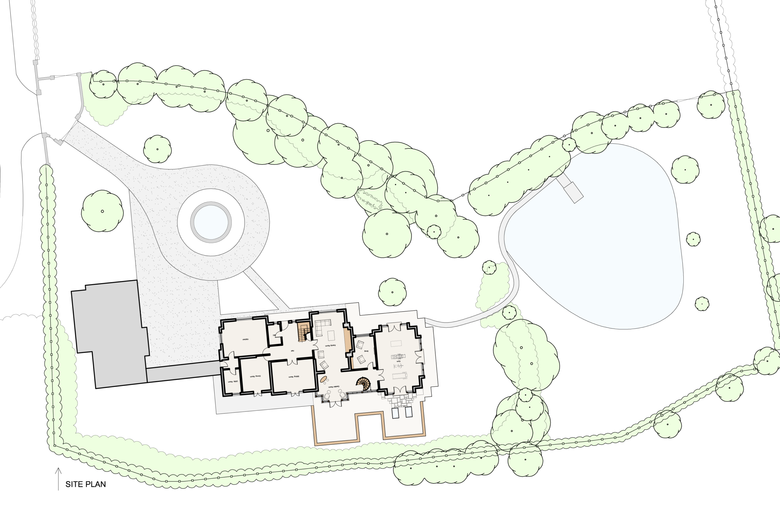 coloured site plan showing new extensions to dwelling set into residential plot