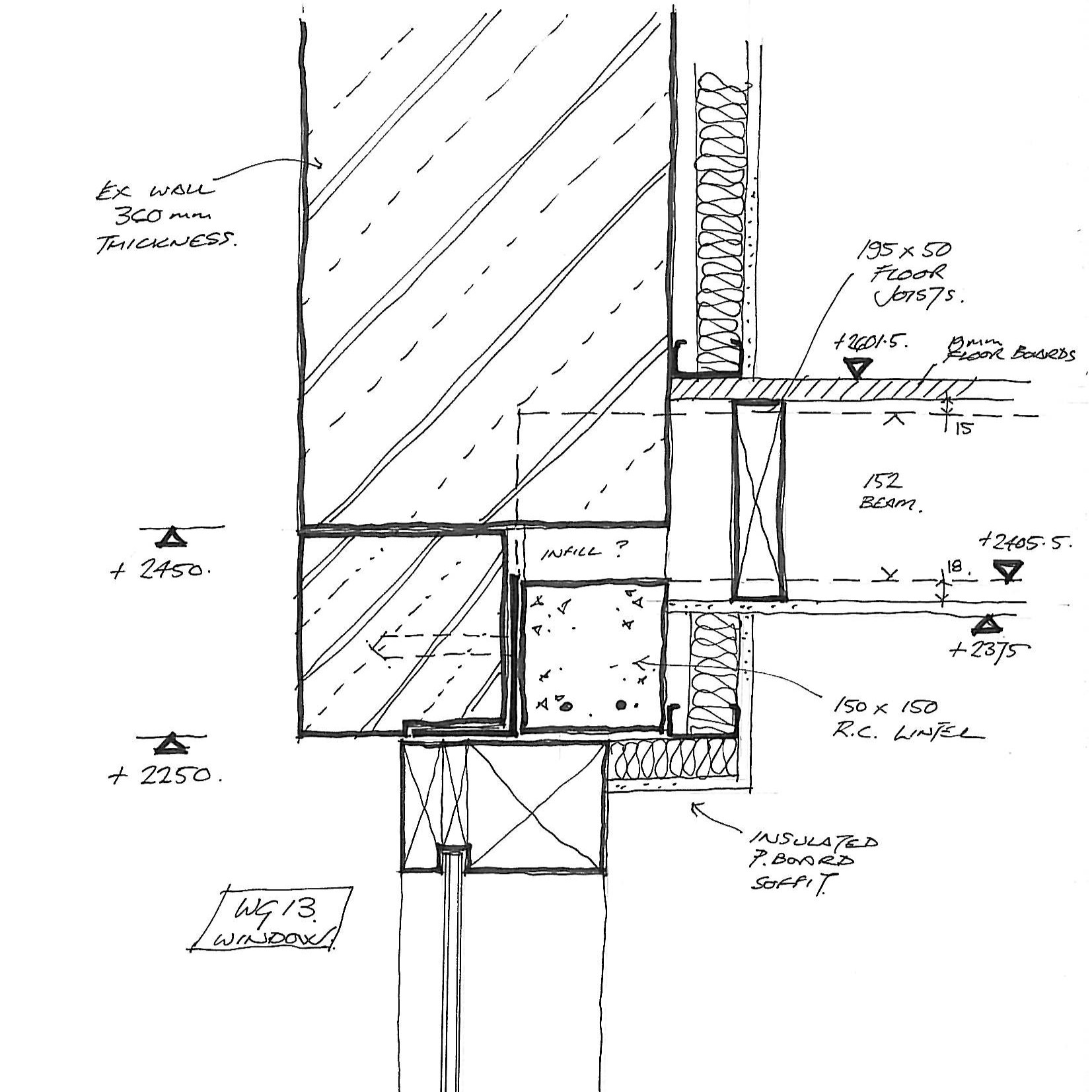 WG13 Head Detail hand drawn technical drawing of a window head with notes and dimensions