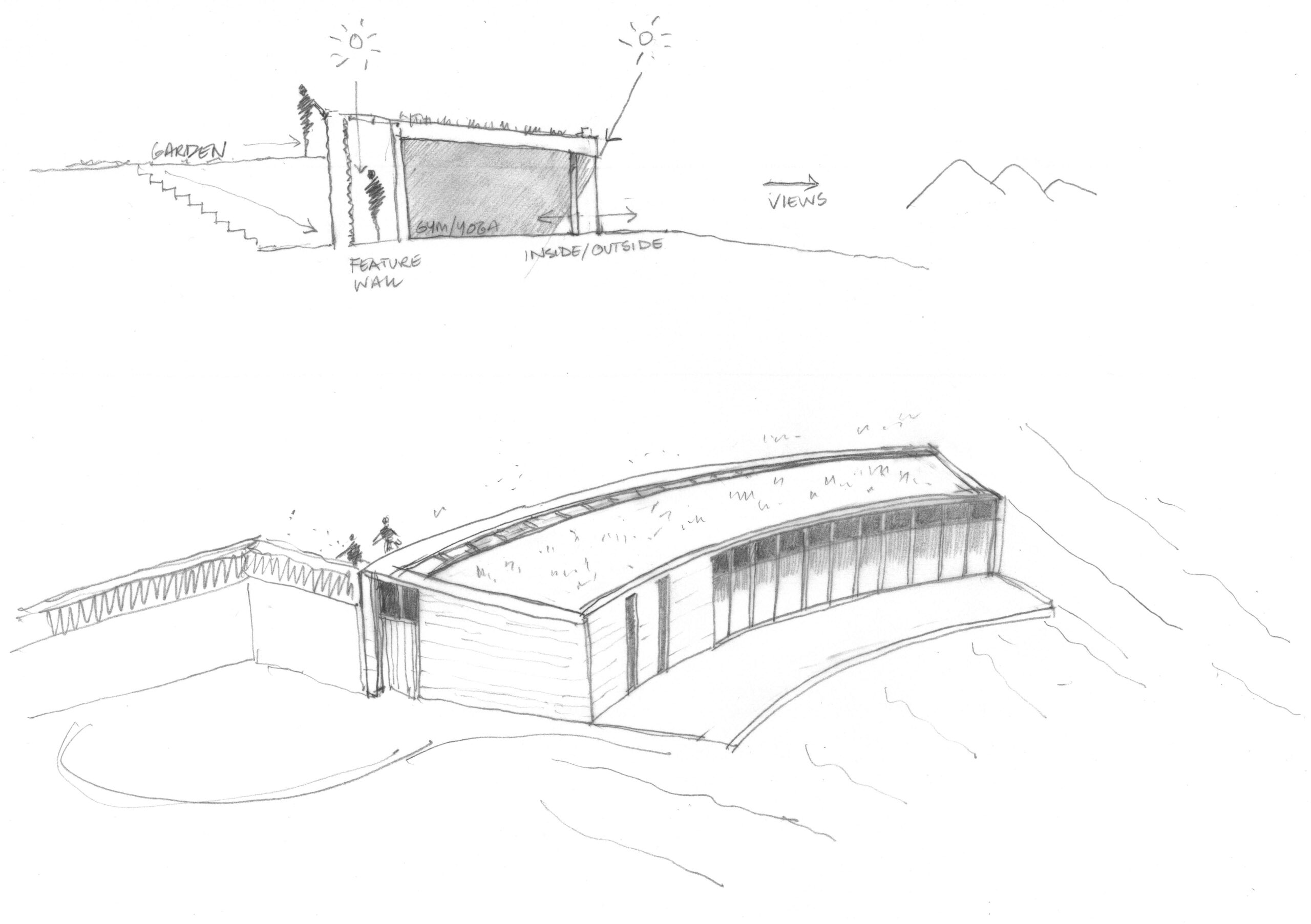 proposal sketches with the leisure suite set into the ground with rear retaining wall and curved to focus all spaces on the view of the Bosley Cloud,