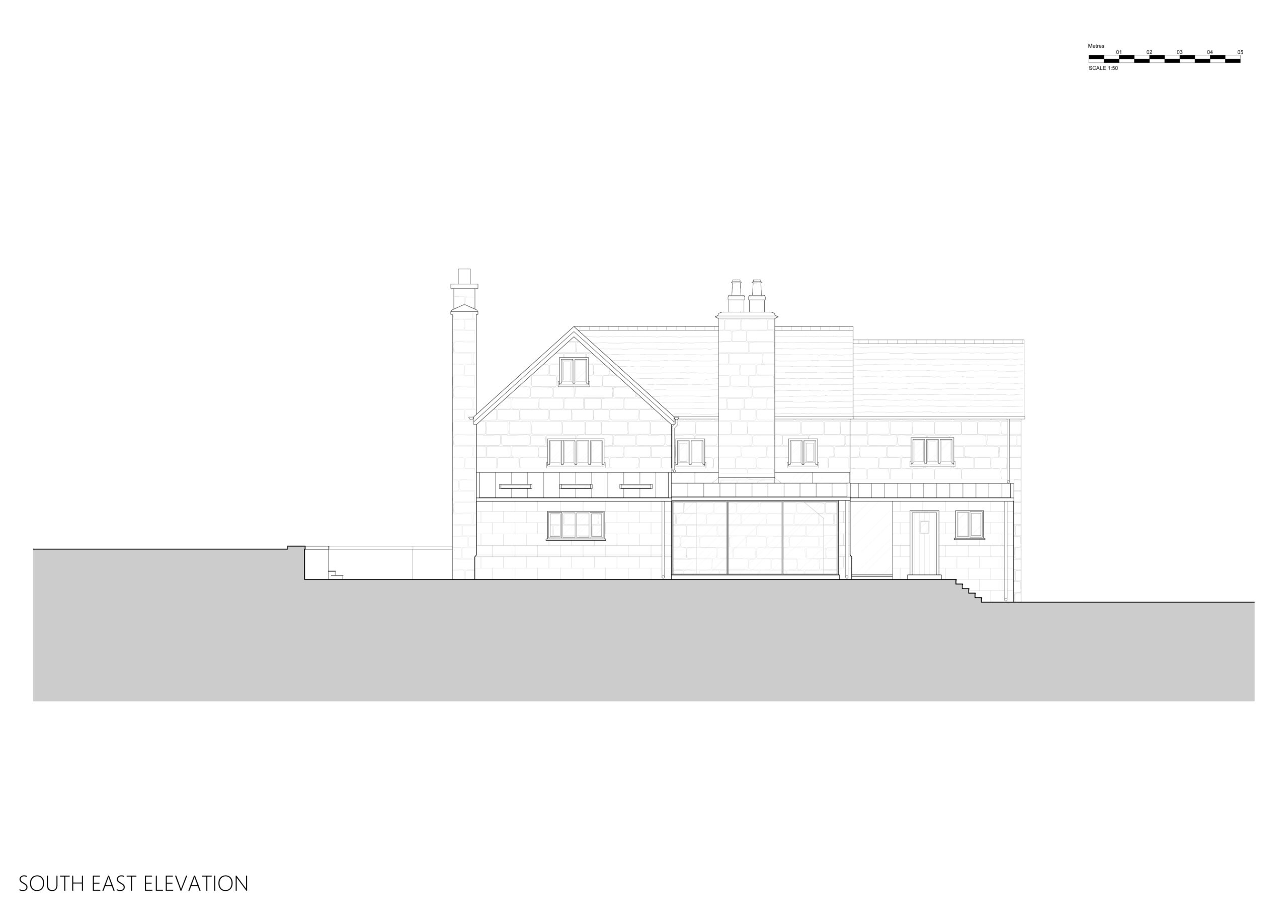 line drawing of the rear elevation at grade 2 listed stone farmhouse. New addition in coursed stone and with low pitch zinc lad roof with rooflights.