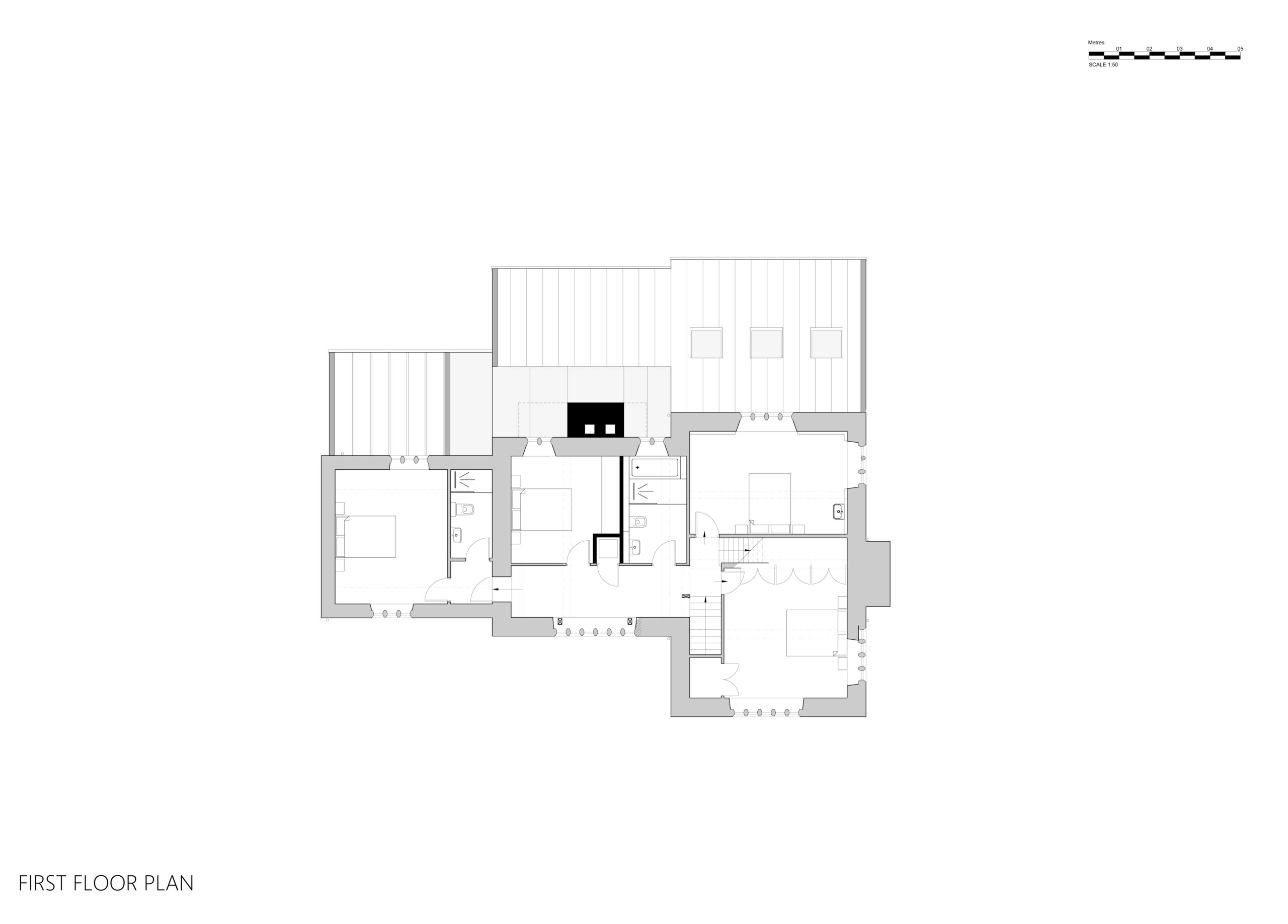 first floor plan of Grade 2 listed stone farmhouse with renovated chimney and new partition wall to provide a new bathroom at first floor. Zinc roof covering to the new rear extension