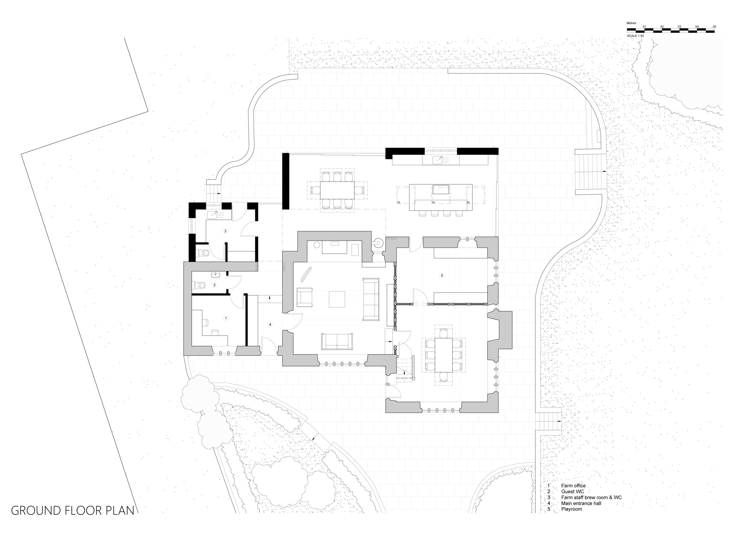 line drawing of ground floor plan of Grade 2 listed stone farmhouse. Black depicting new rear extension with large glazed openings to open plan kitchen and dining area and alterations to the existing farmhouse within