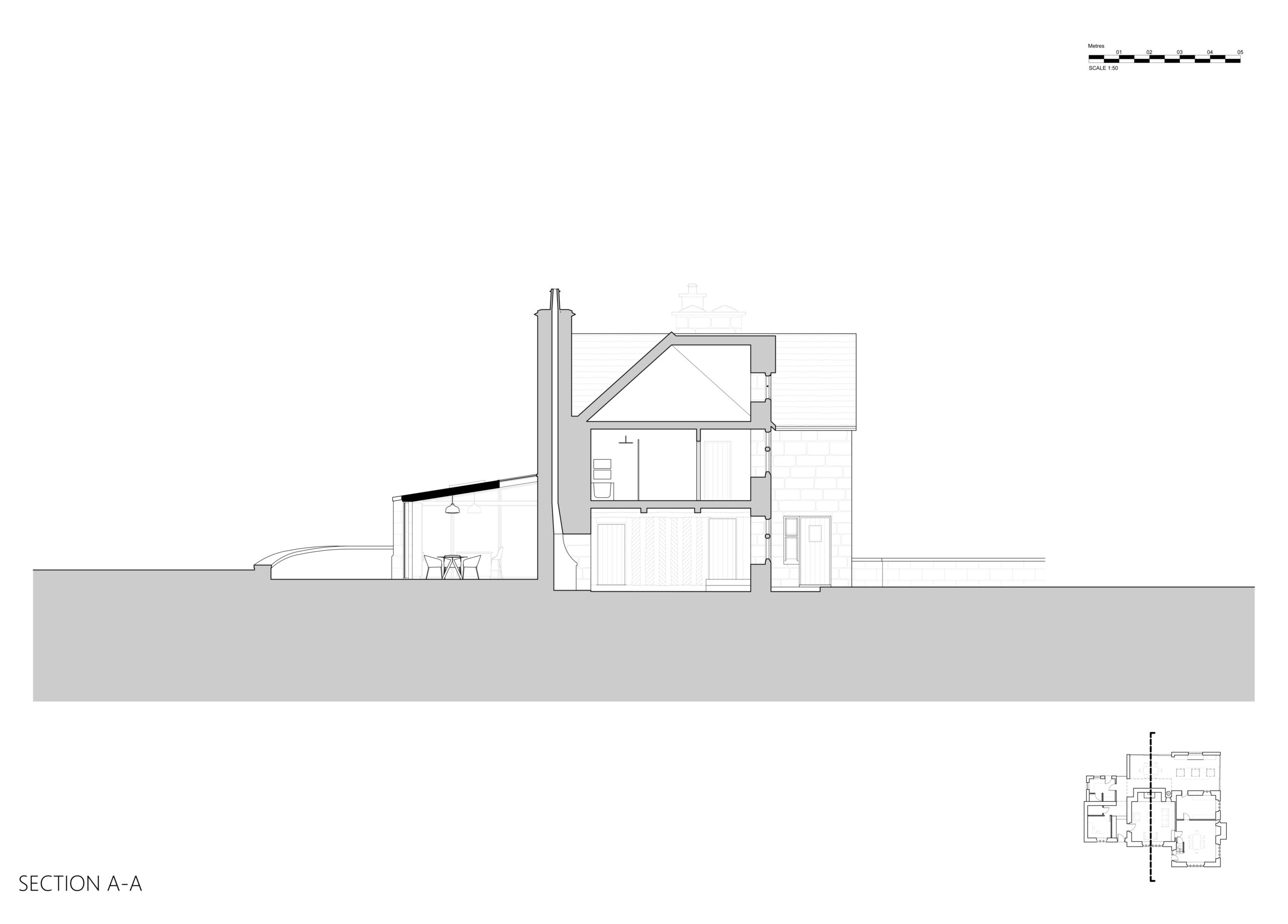 line drawing section of Grade 2 listed stone farmhouse with new rear extension cutting through dining area with large glazed sliding doors and roof glazing above at junctions with the existing building.
