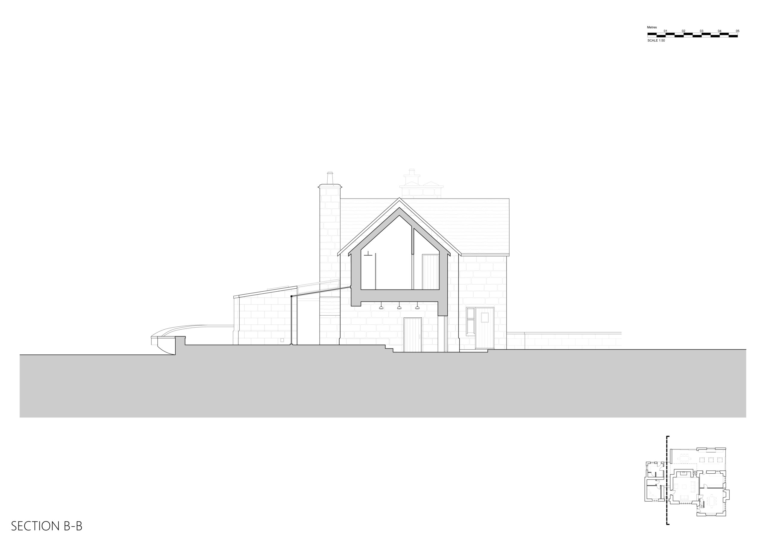line drawing section of Grade 2 listed stone farmhouse with new rear extension cutting through up and over full height glazing.