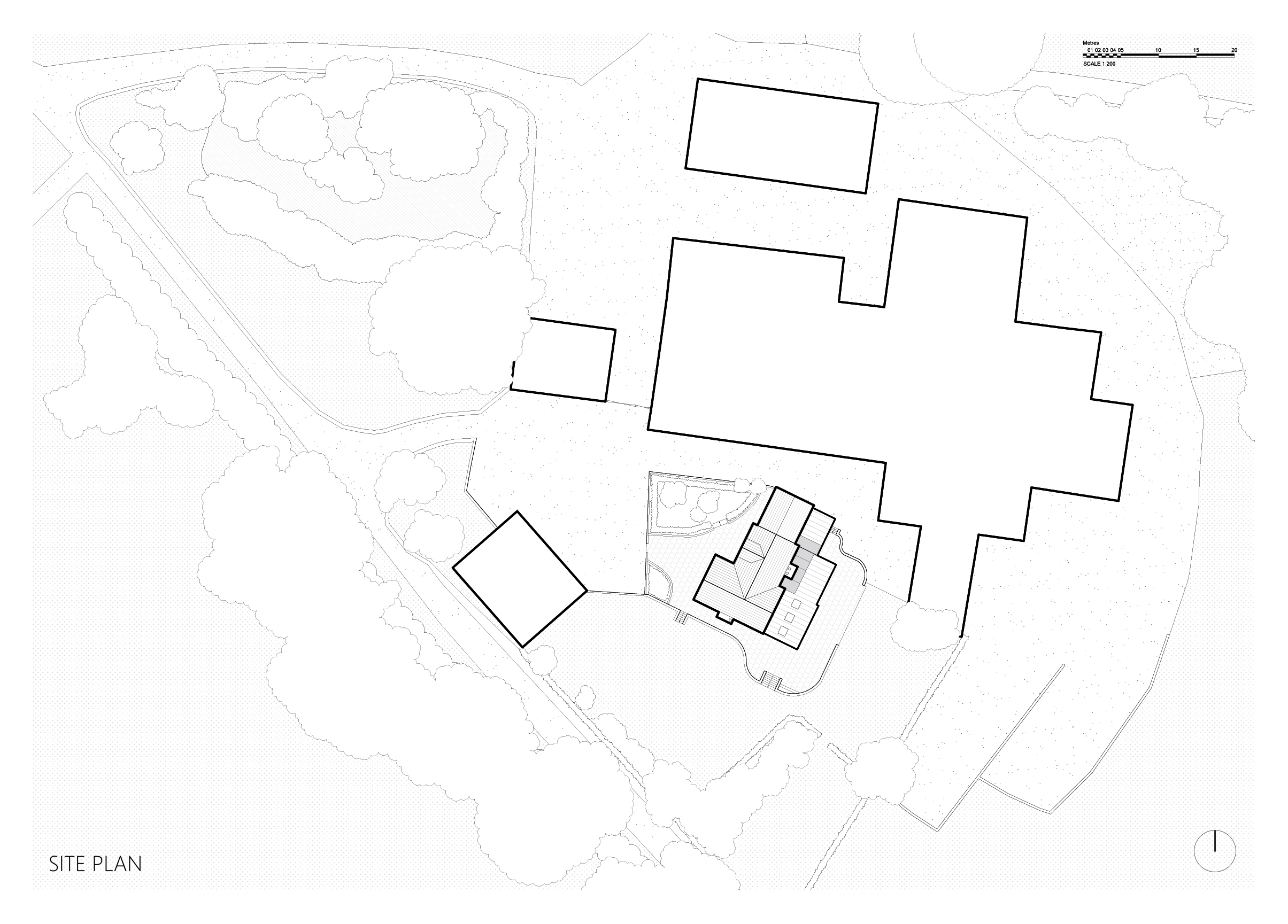 line drawing of the site plan at Cloud House, with a new single storey rear extension to the Grade 2 listed farmhouse, in the setting of agricultural buildings and farmland.
